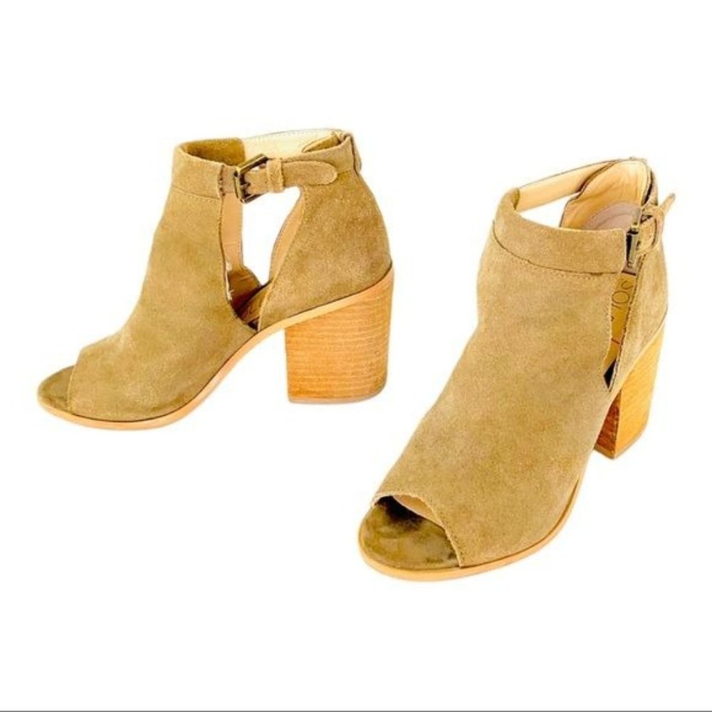 Sole Society Ferris Suede Peep Toe Block Heel Side Zip Tan Leather Womens Size 6 - Picture 4 of 9